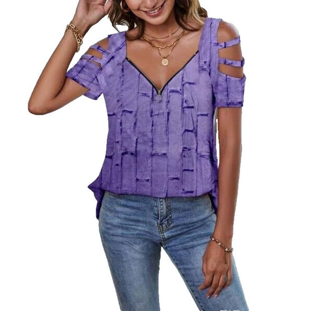 NXH Purple Geometric Zip V Neck Cutout Sleeve Tee Size L